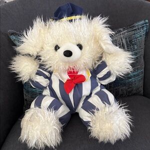 DANDEE Fluffy Shaggy Hair Teddy Bear with Striped Outfit and Red Bow